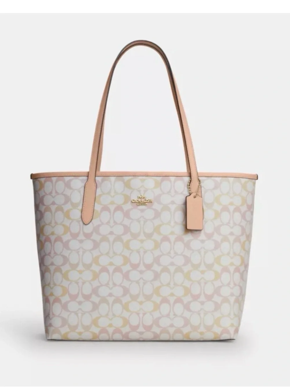 🩷🧡Coach NWT Pink/Peach Signature C Pastel Logo City Tote Bag / Gold Hardware